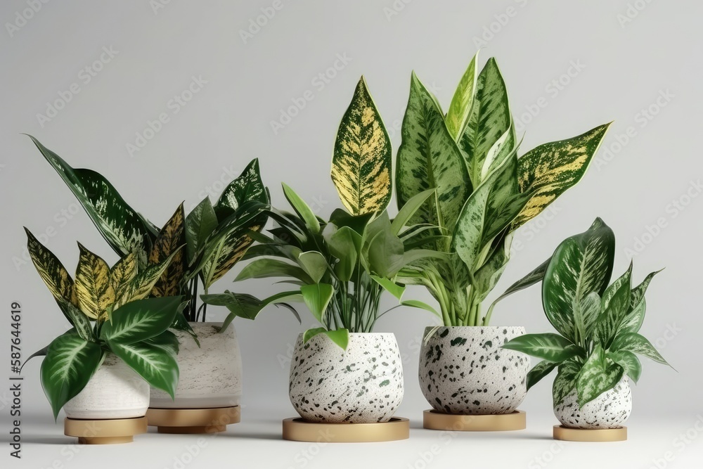 Illustration of various indoor plants arranged in a row of pots. Generative AI