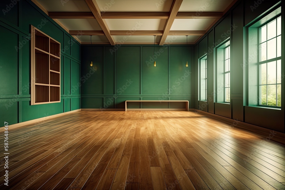 Illustration of an Empty Room with Green Walls and Wooden Floor. Generative AI