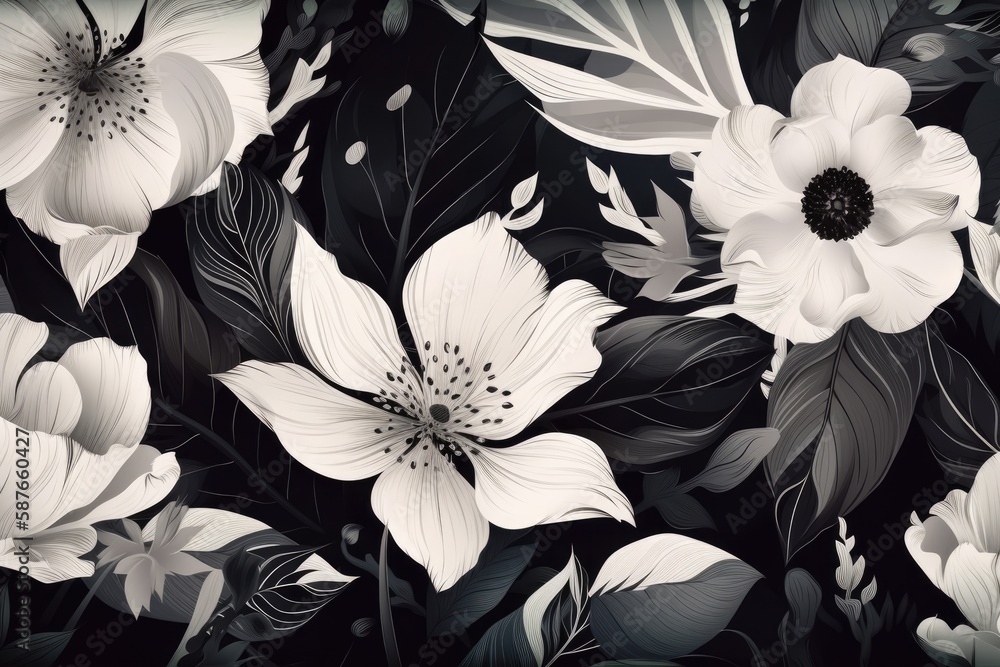 Illustration of black and white floral arrangement with leaves. Generative AI