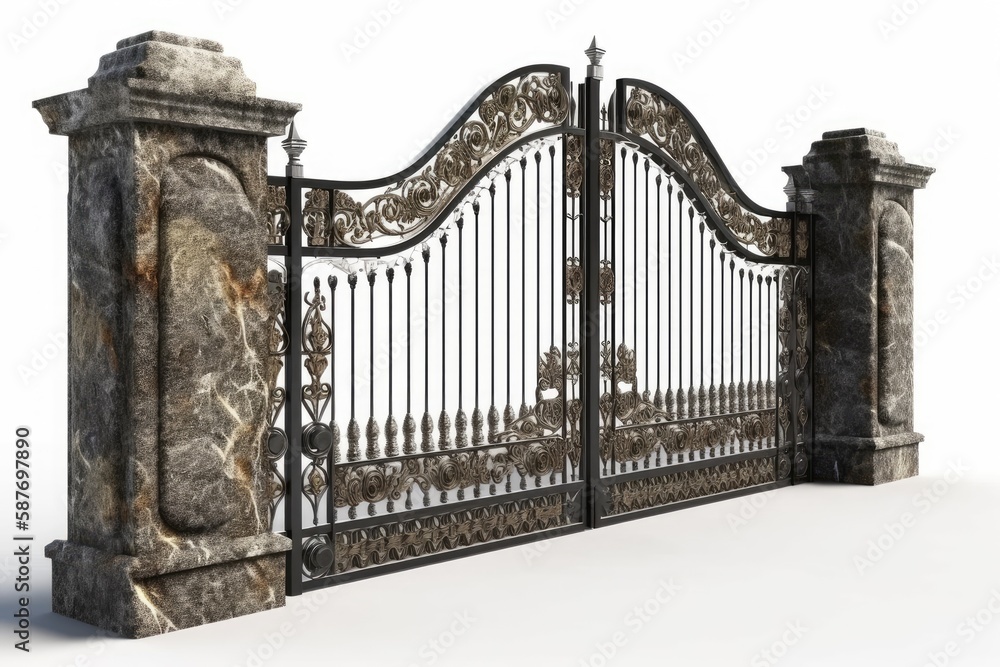 rustic stone and iron gate set against a white background. Generative AI