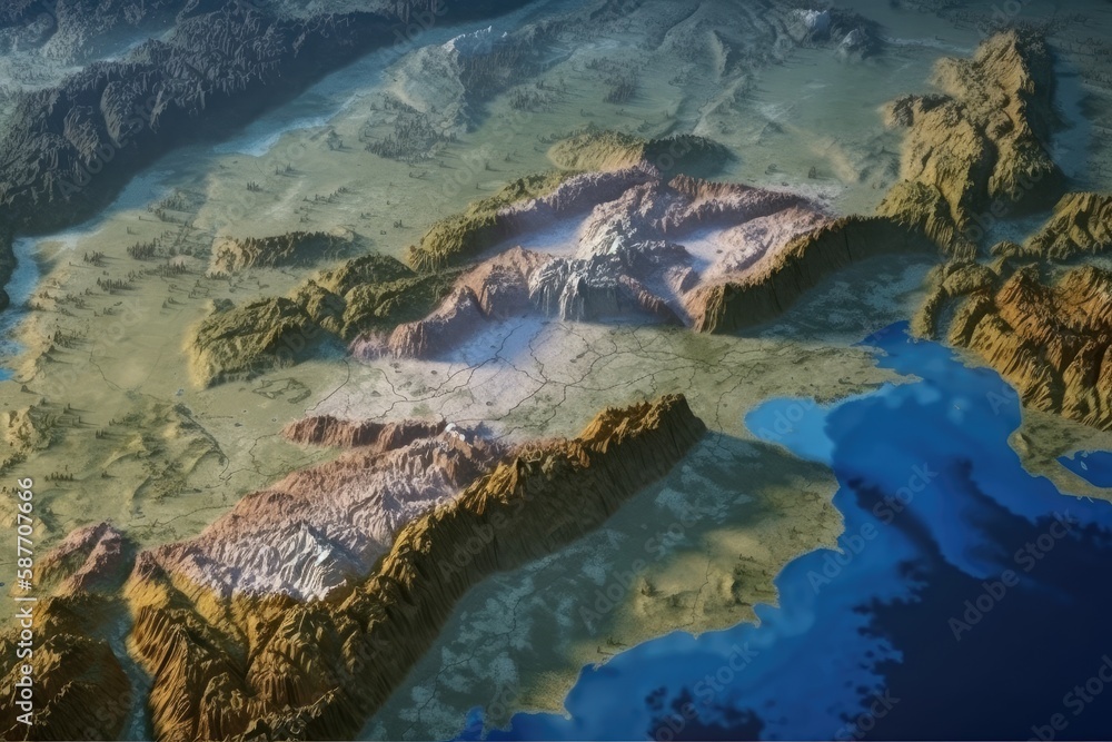 Illustration of an Oceanic Mountain Range as Seen from Abov. Generative AI
