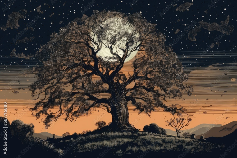 tree under a full moon. Generative AI