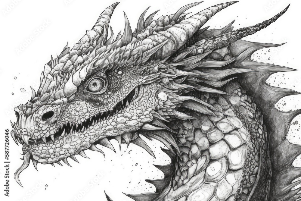 fierce dragon in black and white. Generative AI