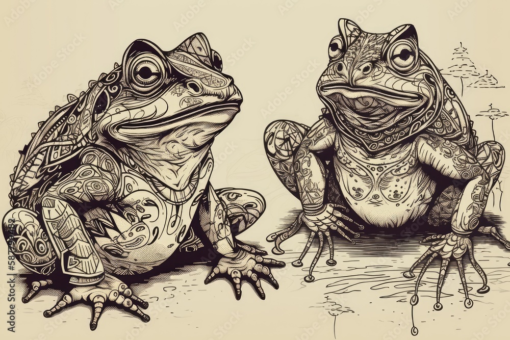 Illustration of two frogs sitting side by side. Generative AI