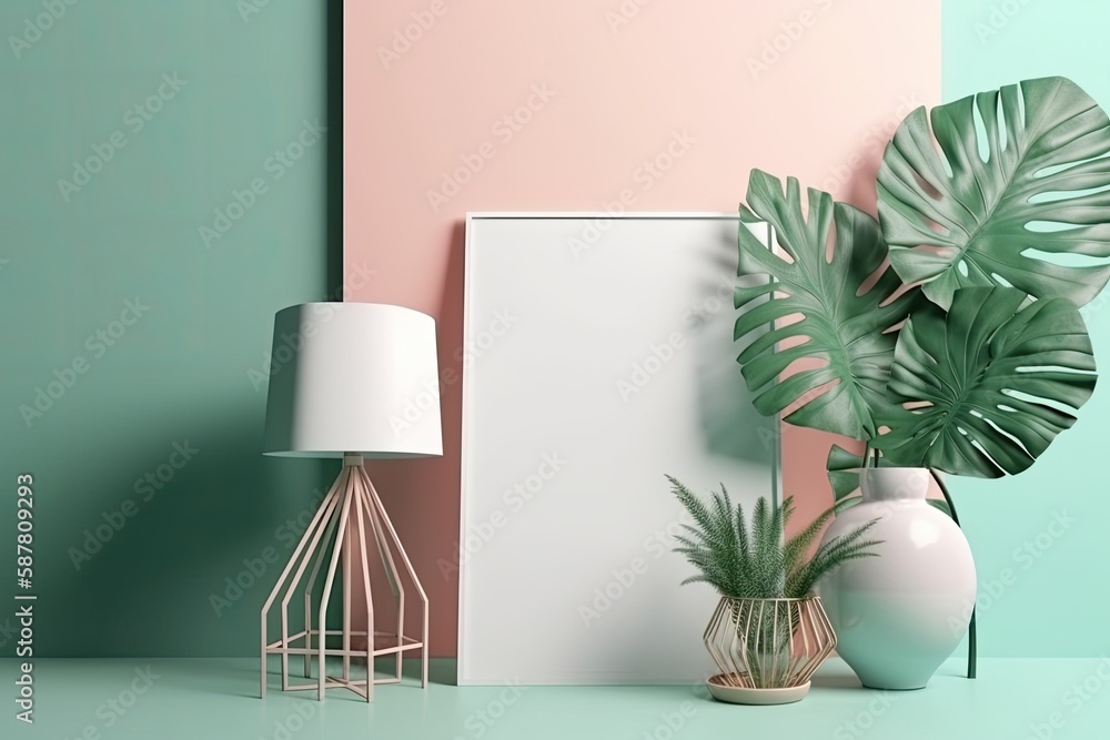 potted green plant with a white lamp against a pink and green wall. Generative AI