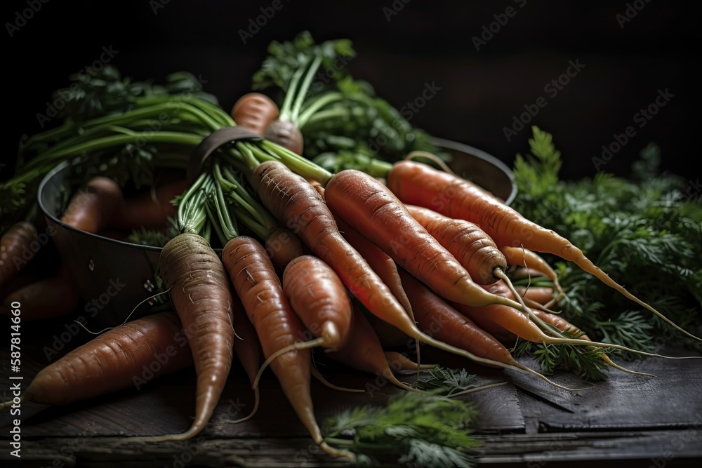 rustic wooden table adorned with fresh carrots. Generative AI