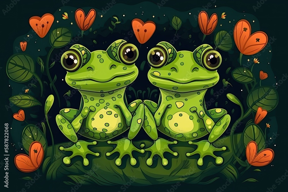 Illustration of two green frogs sitting close to each other. Generative AI