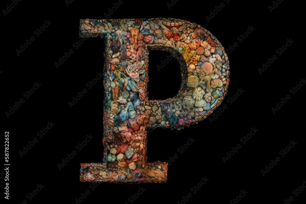 Illustration of the letter P  created with natural rocks and pebbles . Generative AI