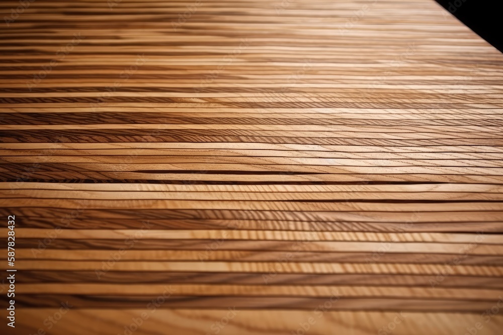 close-up view of a wooden table surface with natural textures and patterns. Generative AI