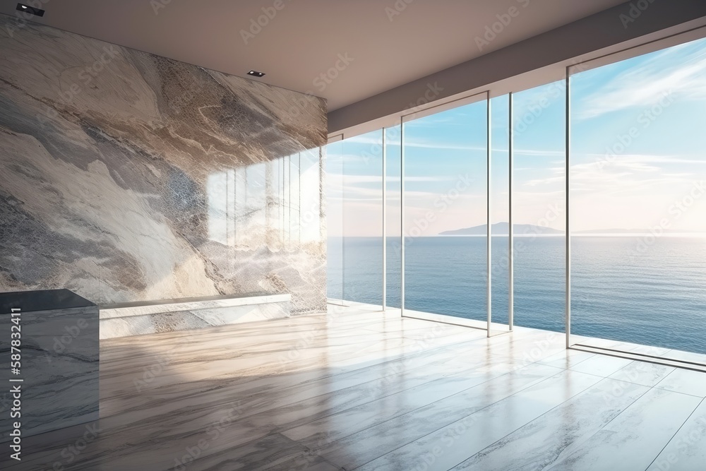 Illustration of an empty room with a picturesque view of the ocean through a large window. Generativ