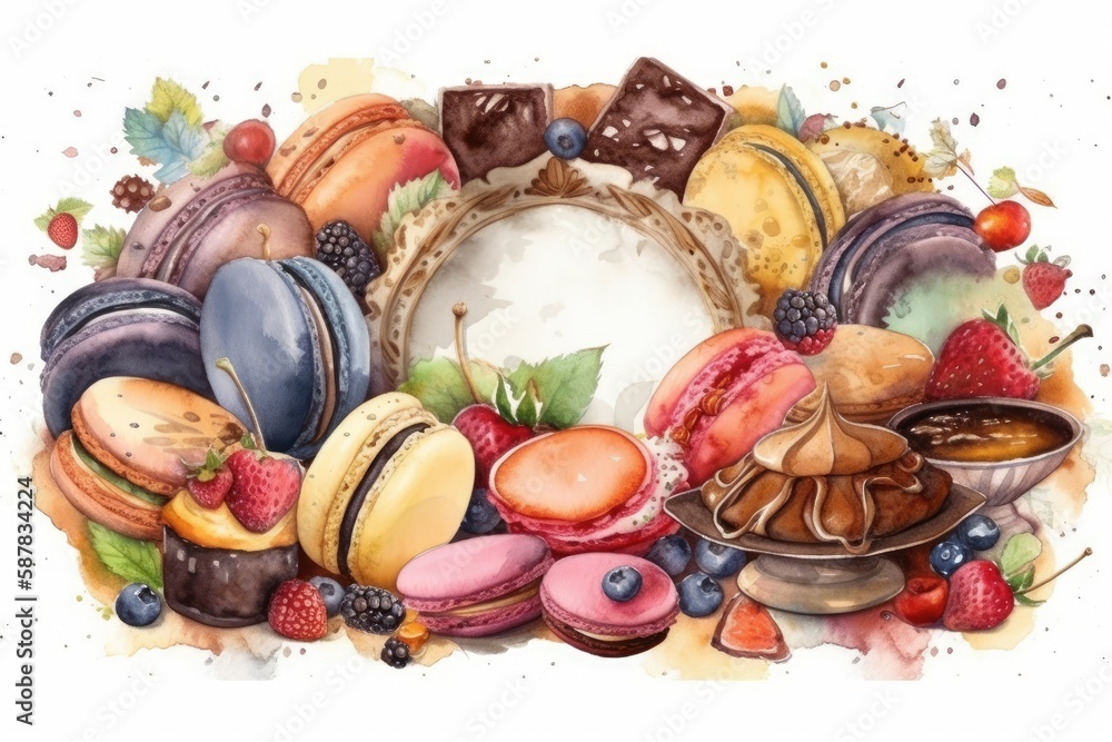 Illustration of various delectable pastries on a platter. Generative AI