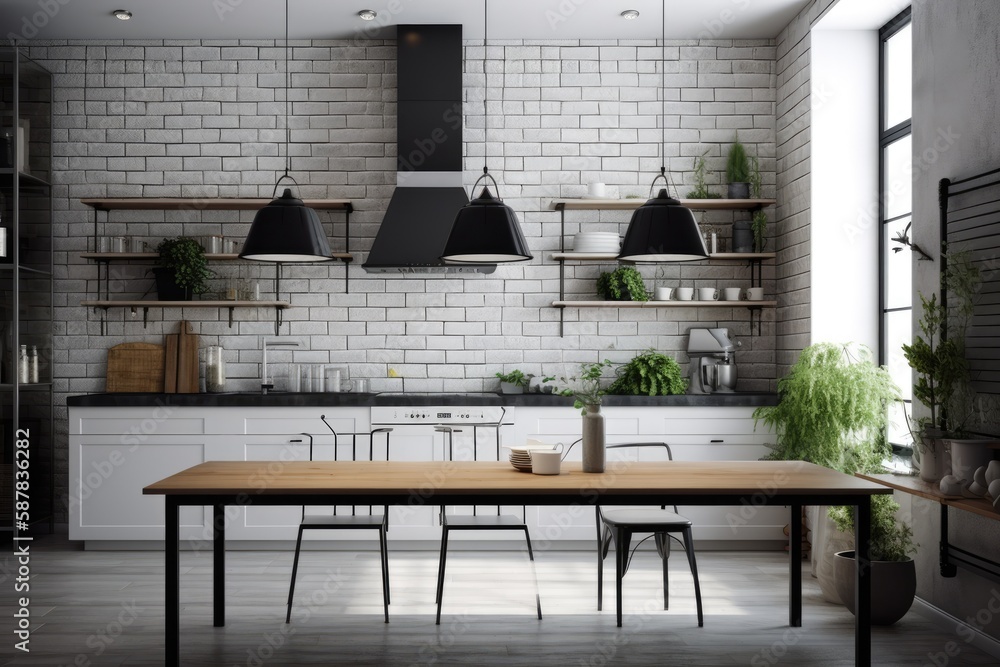 cozy kitchen with wooden table and white brick walls. Generative AI