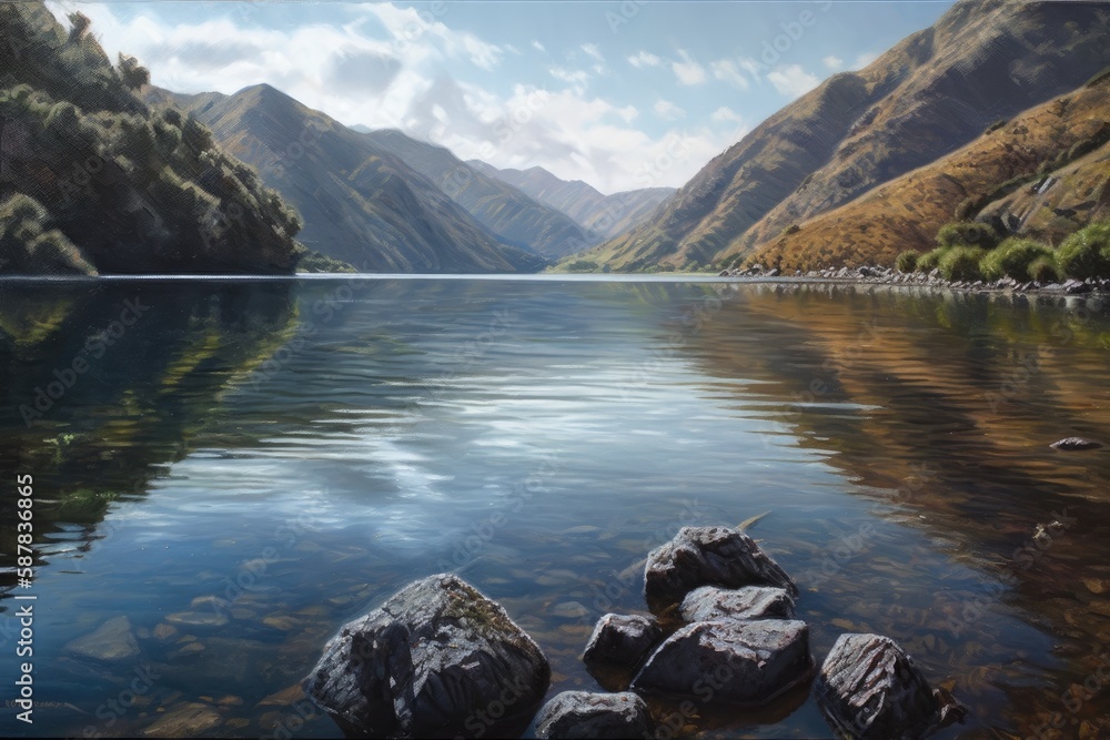 serene lake nestled among majestic mountains. Generative AI