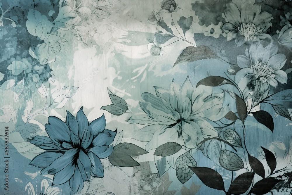Illustration of blue flowers on a gray background. Generative AI