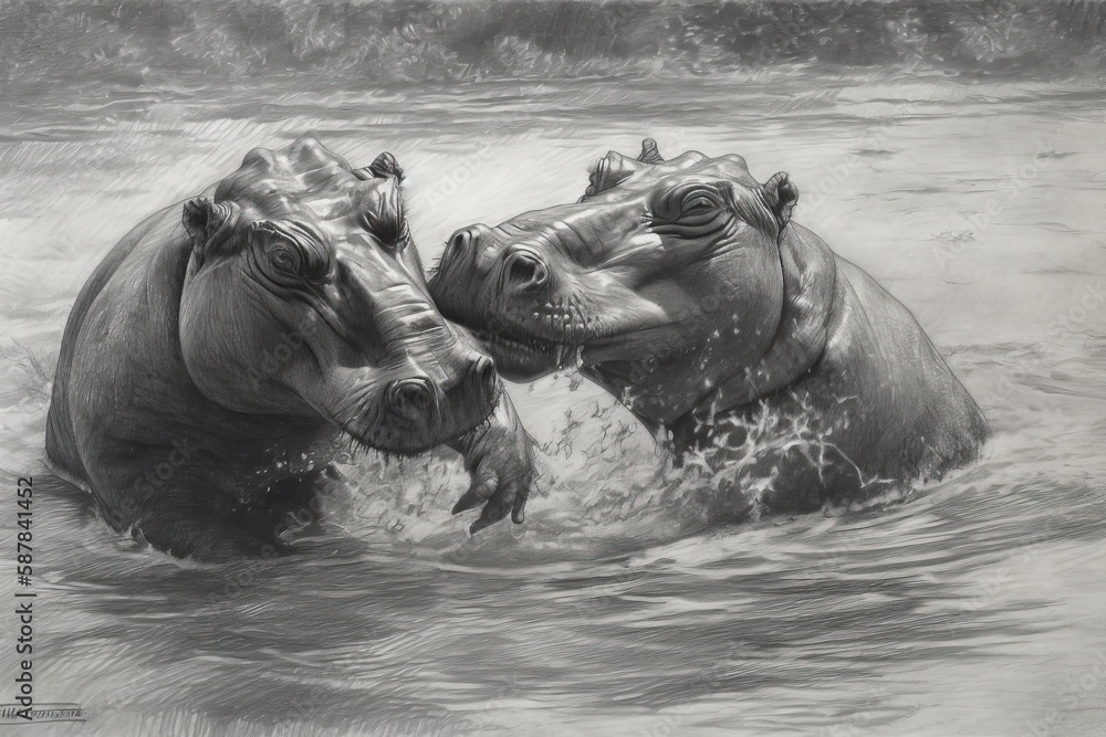 Illustration of two hippos frolicking in a river or lake. Generative AI