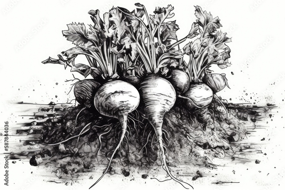 Illustration of three turnips in black and white. Generative AI