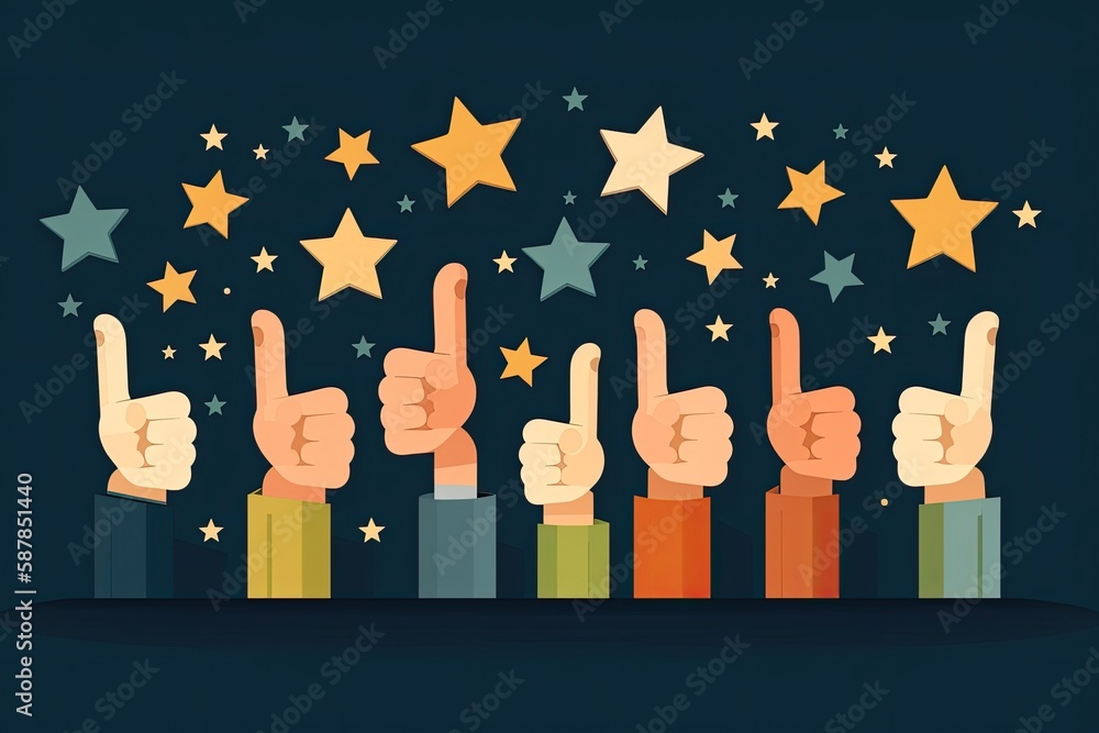 Illustration of multiple thumbs up against a starry background. Generative AI
