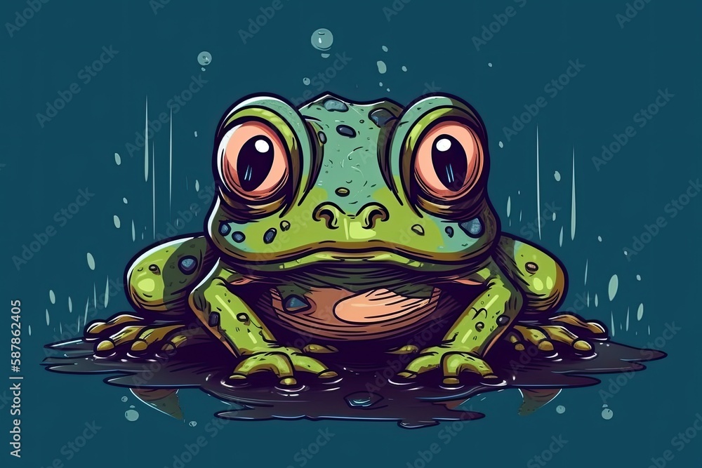 green frog perched on a watery surface. Generative AI