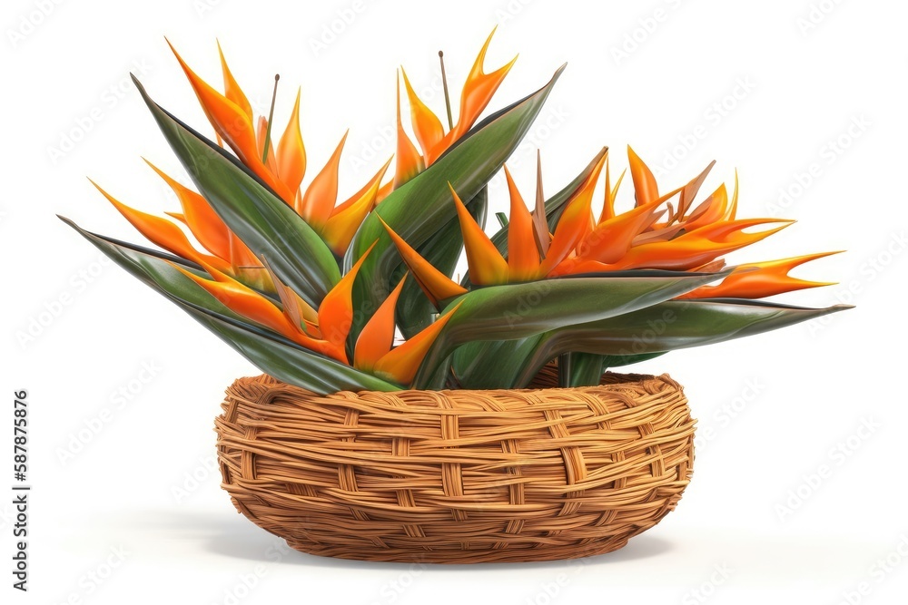 vibrant orange flower arrangement in a rustic basket on a wooden table. Generative AI