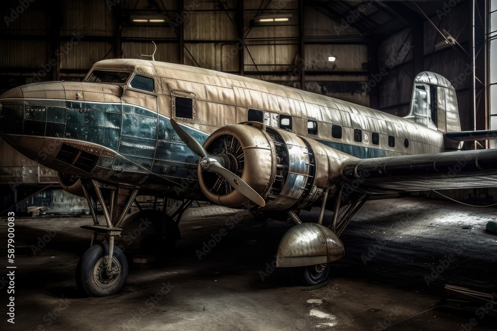 Illustration of an antique airplane resting inside a spacious hangar. Generative AI