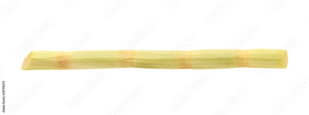 Fresh peeled sugar cane stalk isolated on white background. Clipping path.