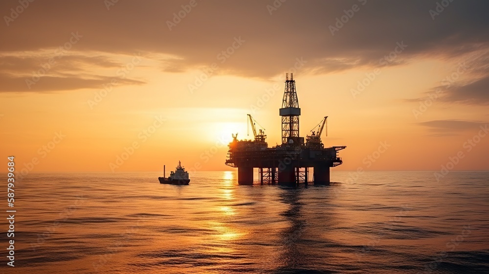 Sunset view with silhouette of an oil rig in the sea. Offshore oil drilling. Generative AI