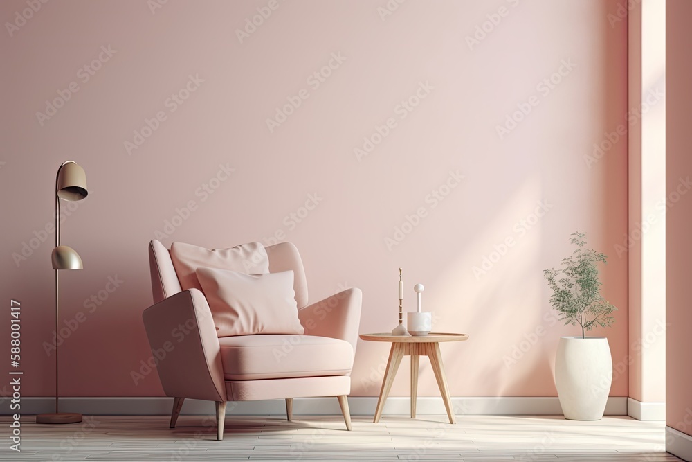 cozy living room with a pink color scheme and a comfortable armchair. Generative AI