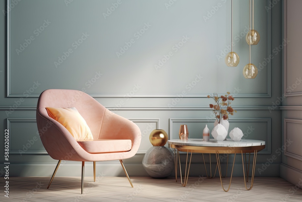 modern living room with a pink accent chair and a coffee table. Generative AI