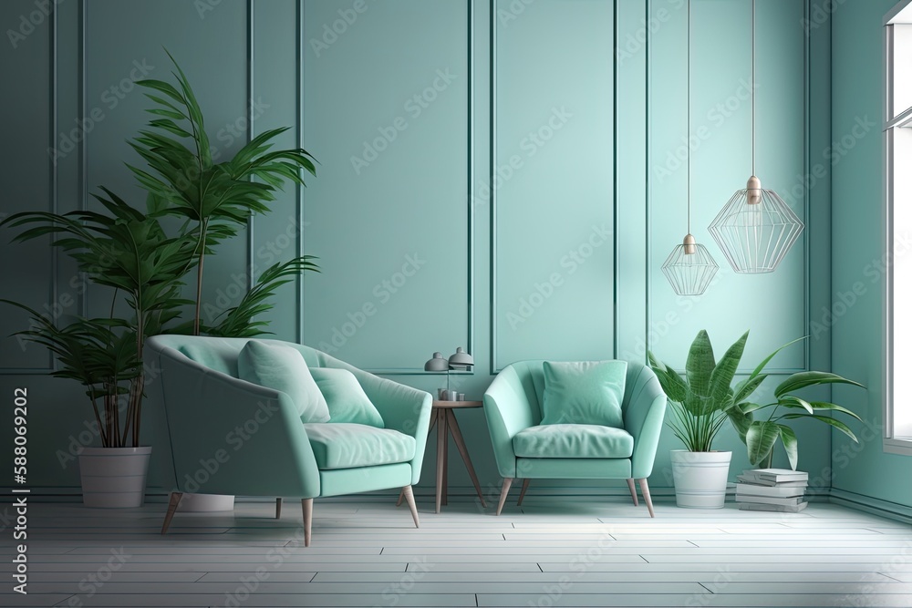 cozy living room with greenery and seating. Generative AI