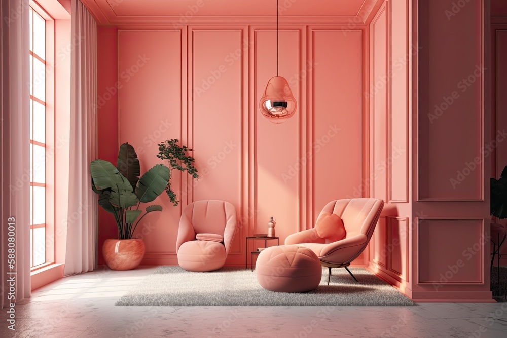 cozy living room with pink walls and chairs. Generative AI