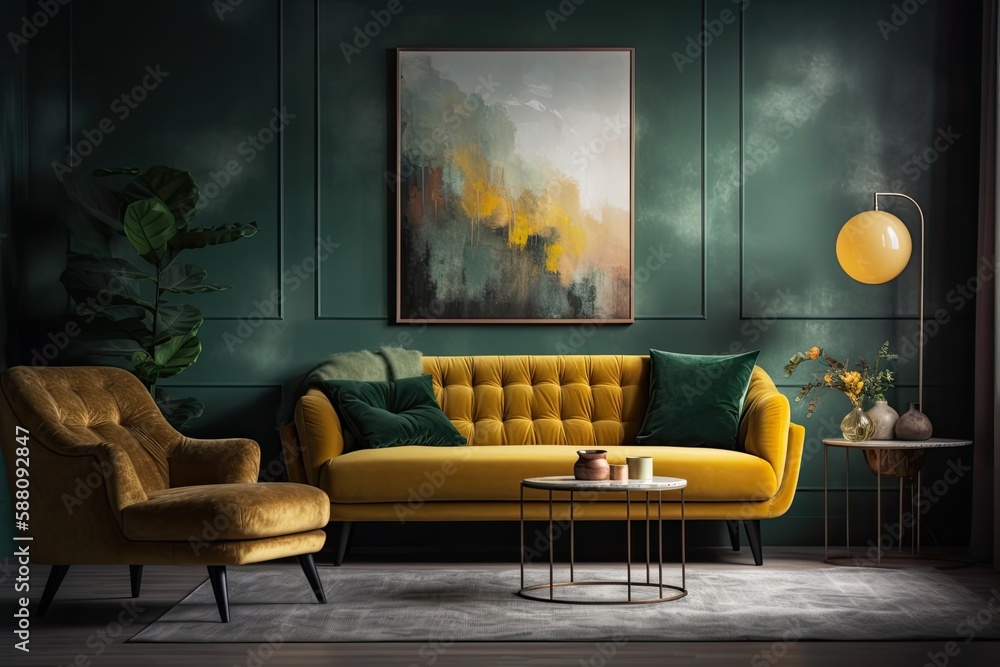 cozy living room with green walls and a vibrant yellow couch as the centerpiece. Generative AI