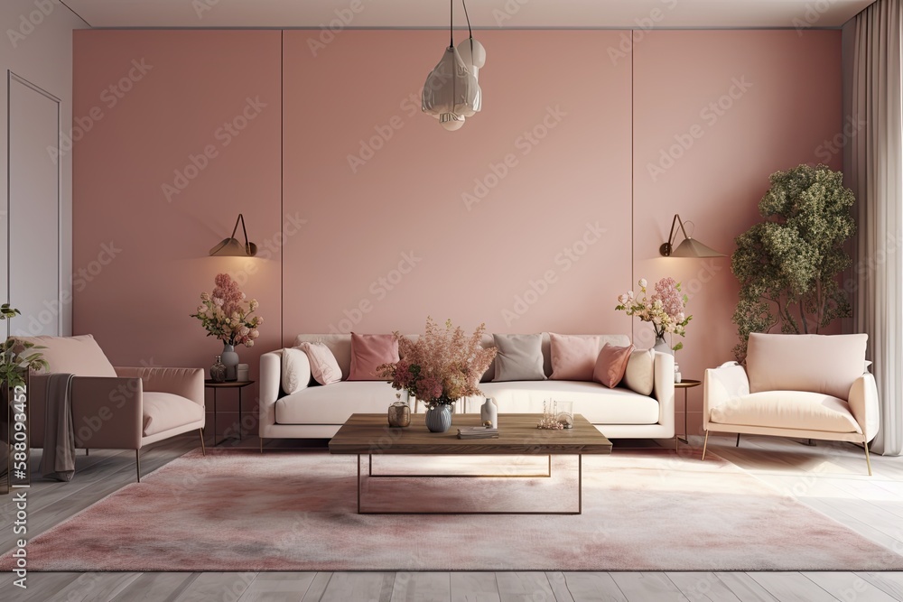 cozy and chic living room with pink accent wall and stylish furniture. Generative AI