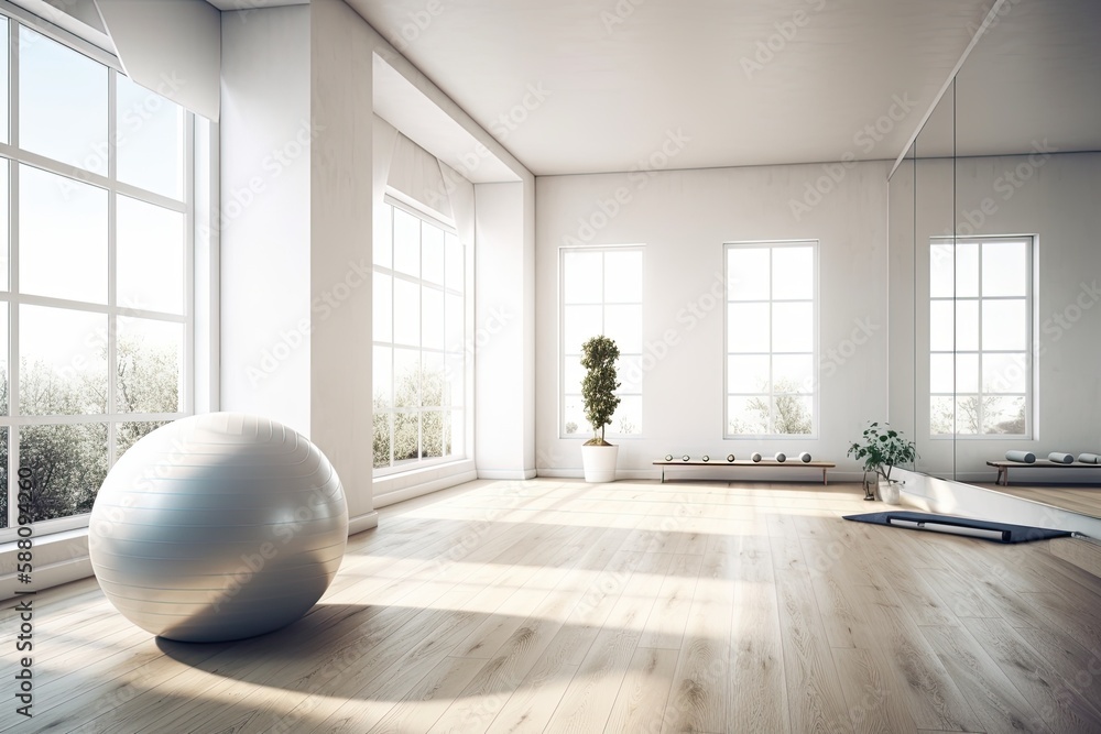 minimalist yoga space with a yoga ball and mat. Generative AI