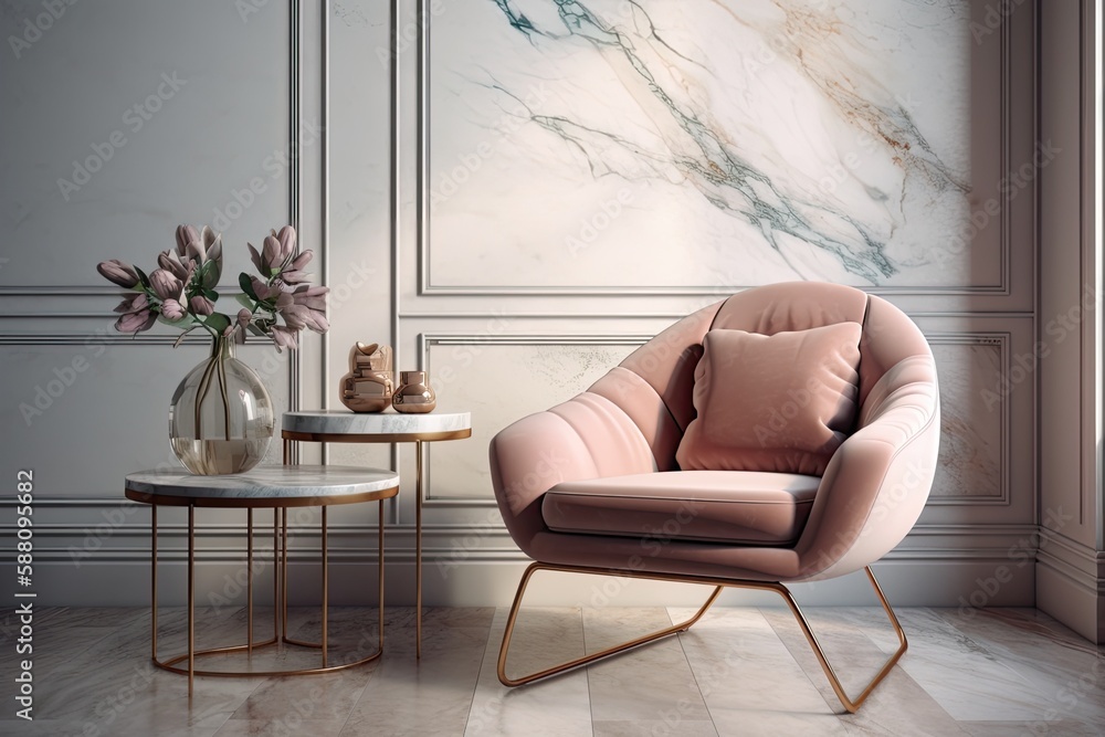 modern living room with marble walls and a pink accent chair. Generative AI