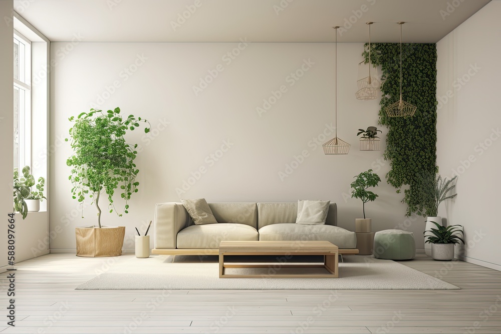 cozy living room with a comfortable couch, a stylish coffee table, and lush potted plants. Generativ