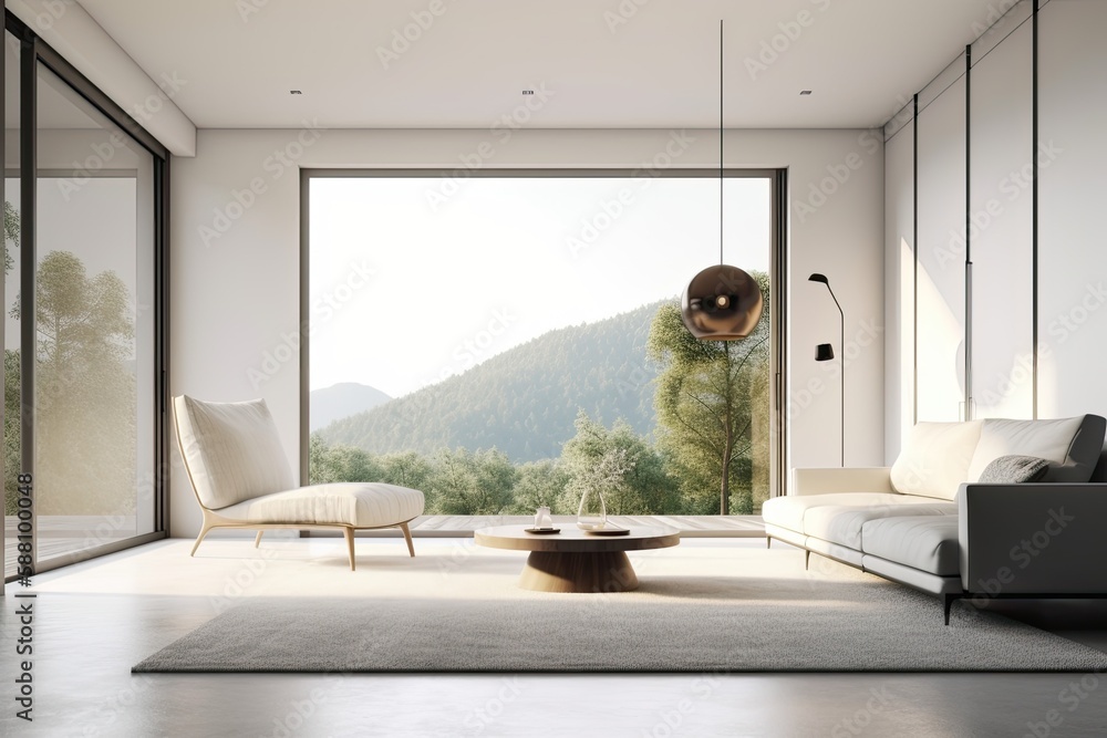 Contemporary Living Room with a Scenic Mountain View. Generative AI