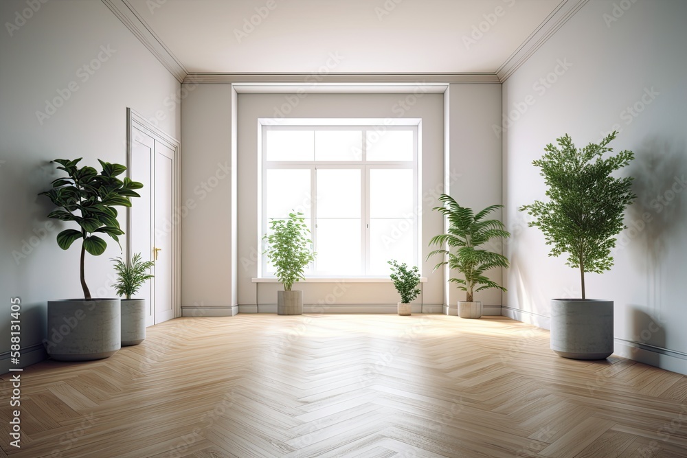 Illustration of an interior room with greenery and natural light coming from a window. Generative AI