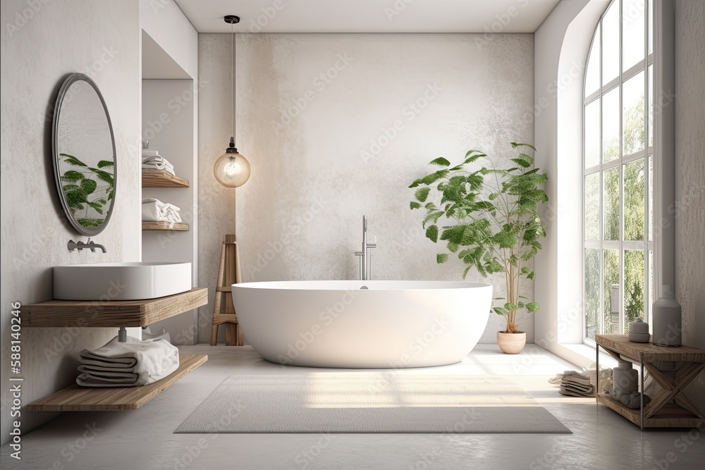 minimalist bathroom with a white bathtub positioned near a large window. Generative AI