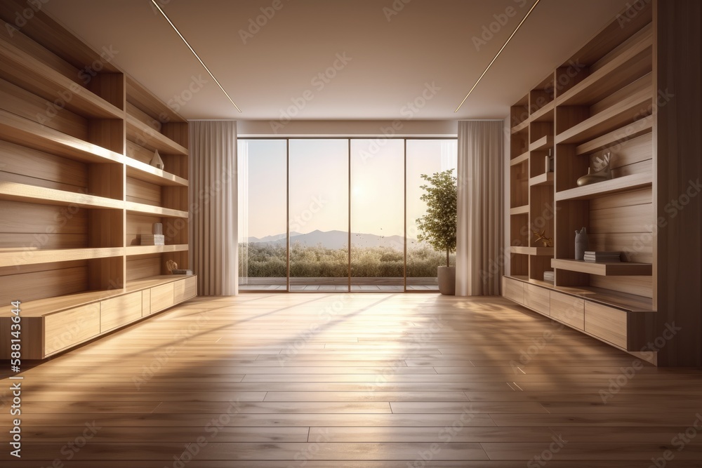 Spacious Room with a Large Window and Wooden Flooring. Generative AI