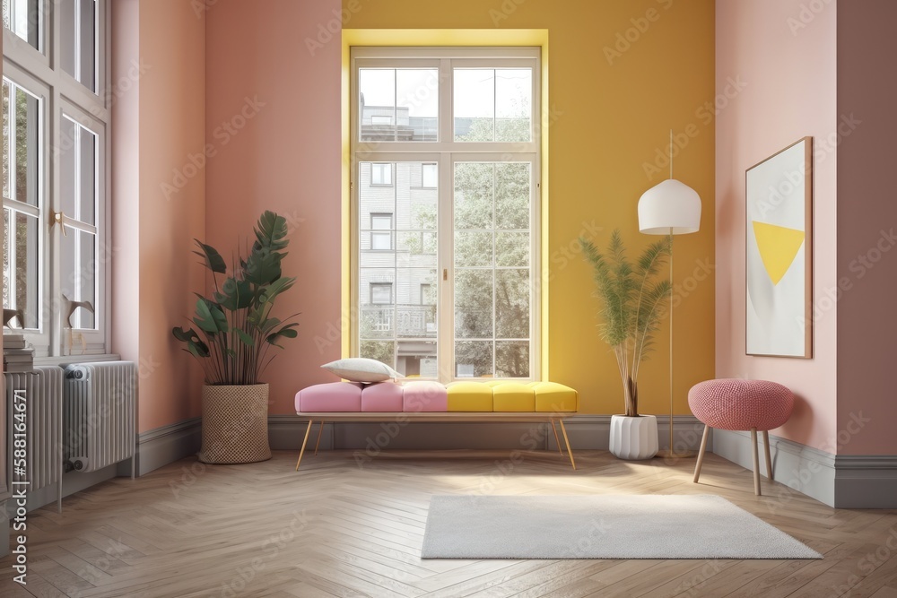 cozy living room with pink and yellow walls. Generative AI