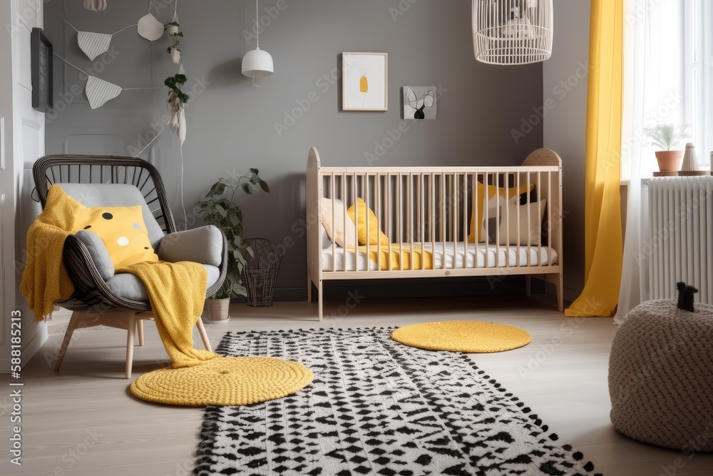 cozy and stylish babys room in yellow and gray colors. Generative AI