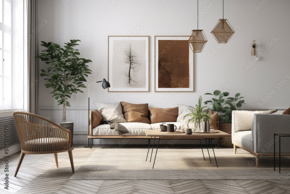 cozy living room with stylish furniture and a green potted plant. Generative AI