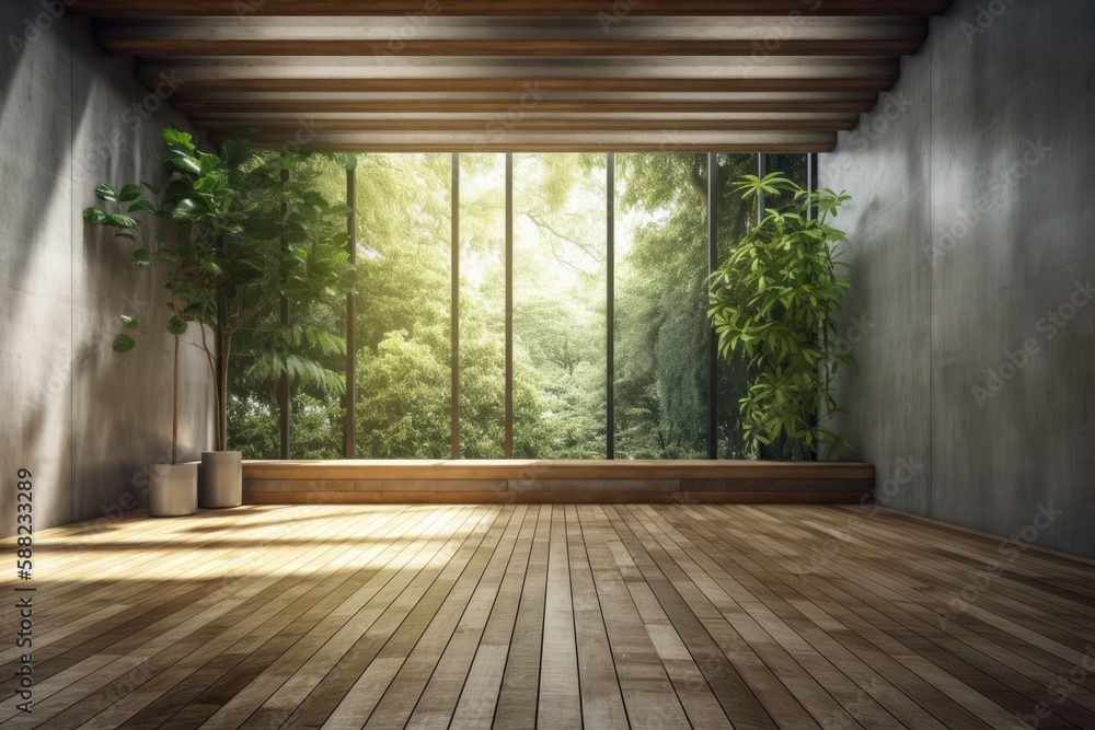 Illustration of an empty room with large windows allowing natural light to flood the space. Generati