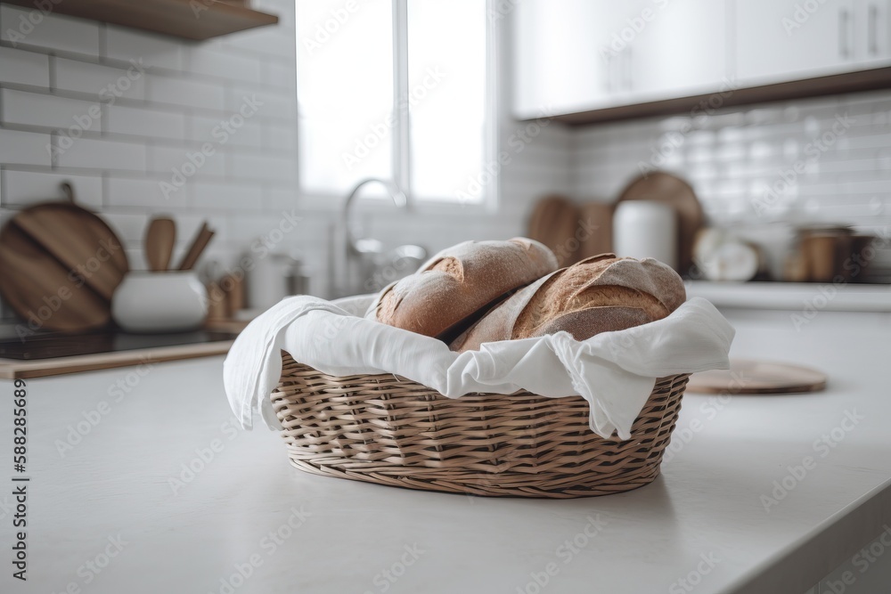  a basket of bread sitting on top of a kitchen counter next to a sink with a window in the back grou
