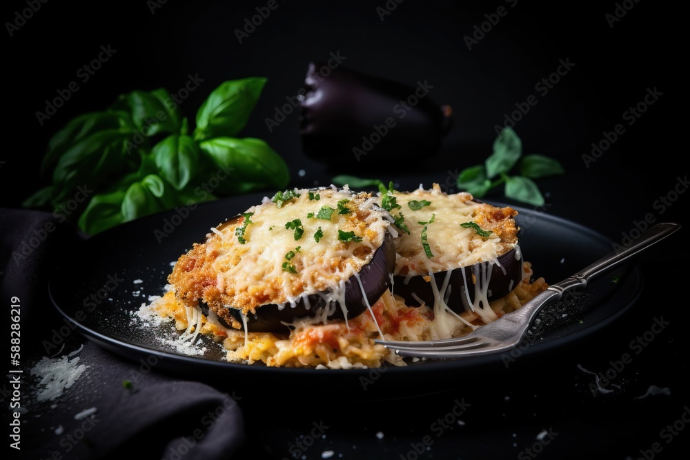  a black plate topped with eggplant covered in cheese and parmesan cheese with a fork next to a basi