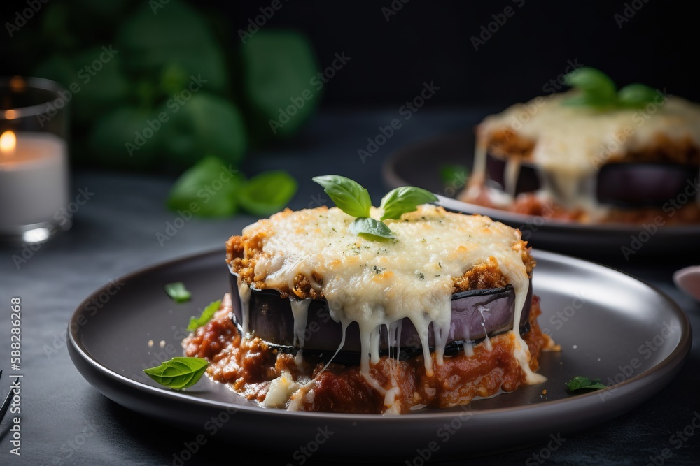  a plate of lasagna with sauce and cheese on it and a lit candle in the background with green leaves
