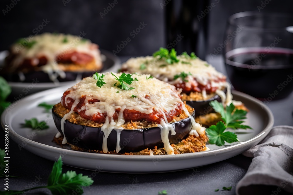  a plate of stuffed eggplant covered in sauce and parmesan cheese with a glass of red wine in the ba