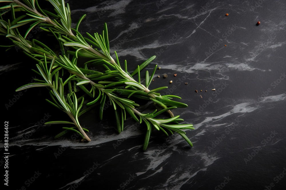  a sprig of rosemary on a black marble surface with a sprig of rosemary in the middle of the image a