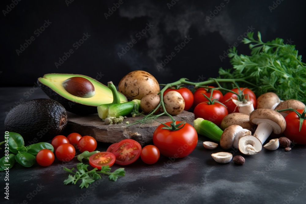 a table topped with lots of different types of vegetables and fruits on top of a black tablecloth c
