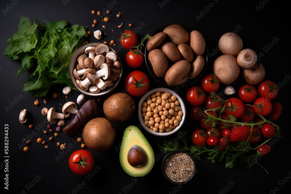  a table topped with lots of different types of vegetables and fruits next to a bowl of mushrooms an